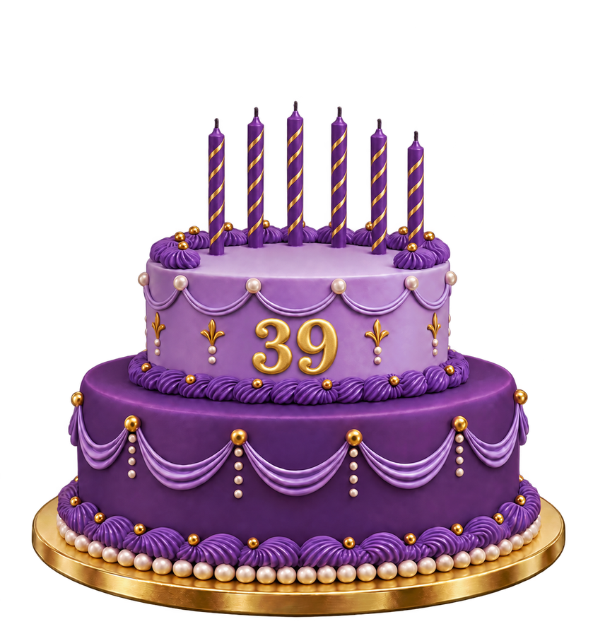 An elegant two-tier purple birthday cake with gold details